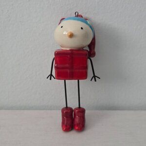 RARE FIND Russ Berrie Ceramic Snowman Present Ornament With Metal Arms and Legs